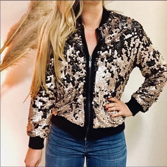 UO Urban Outfitters Black Bronze Gold Matte Lex Sequin Satin Bomber Jacket M - Picture 1 of 9